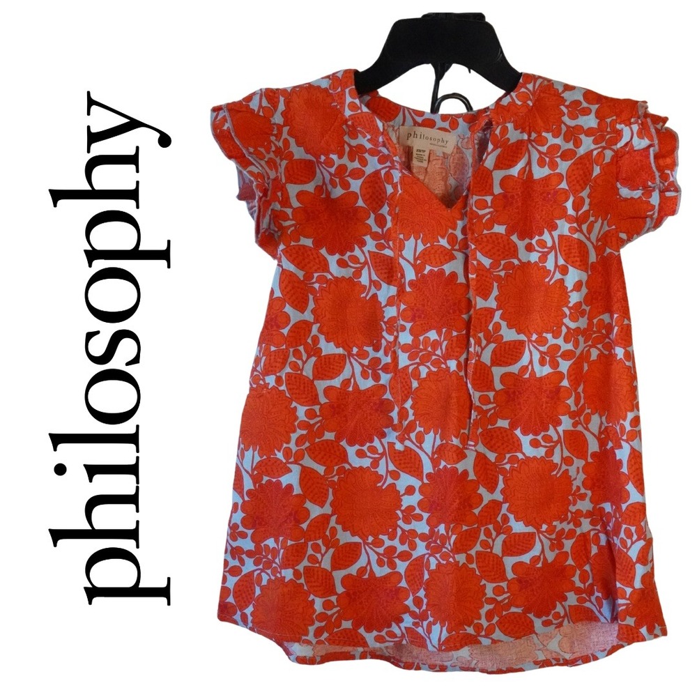 Philosophy, Orange Blue Floral Ruffle Flutter Sleeve V-Neck Tie Neck Top Size XS